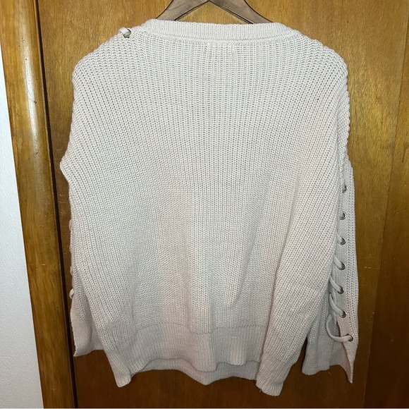 Main Strip Blush Pink Pull Over Sweater with Lace Up Sleeve Detail - Picture 3 of 6